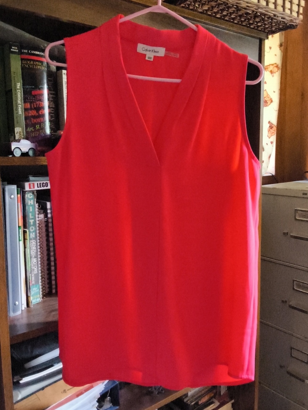 Calvin Klein V-Neck Sleeveless Top in Vibrant Coral Pink